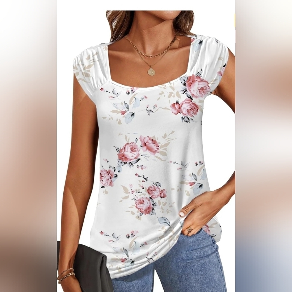 Zeagoo‎ Womens Floral Square Neck Cap Sleeve Top White Pink Small